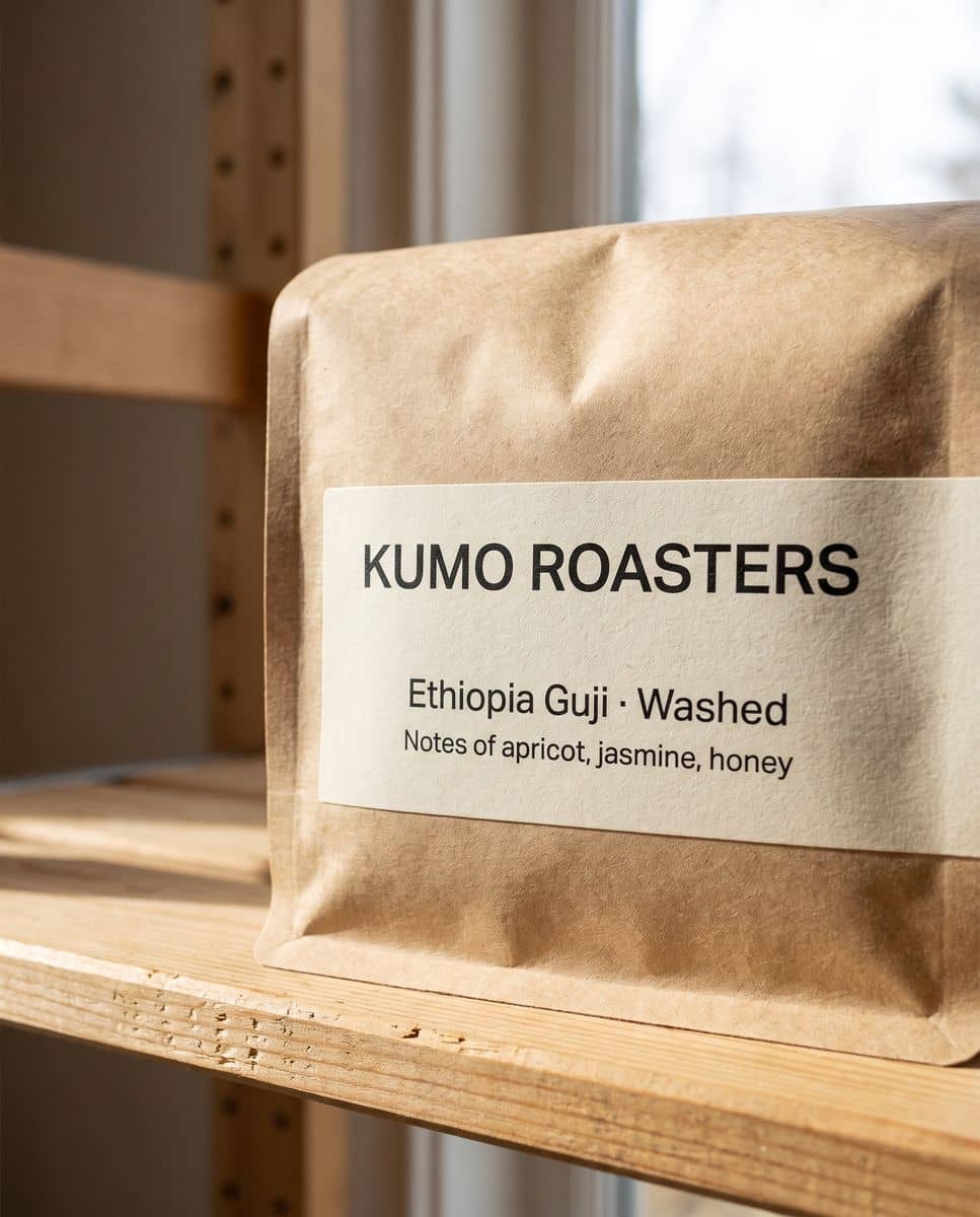 A kraft-paper coffee bag with a three-line printed label