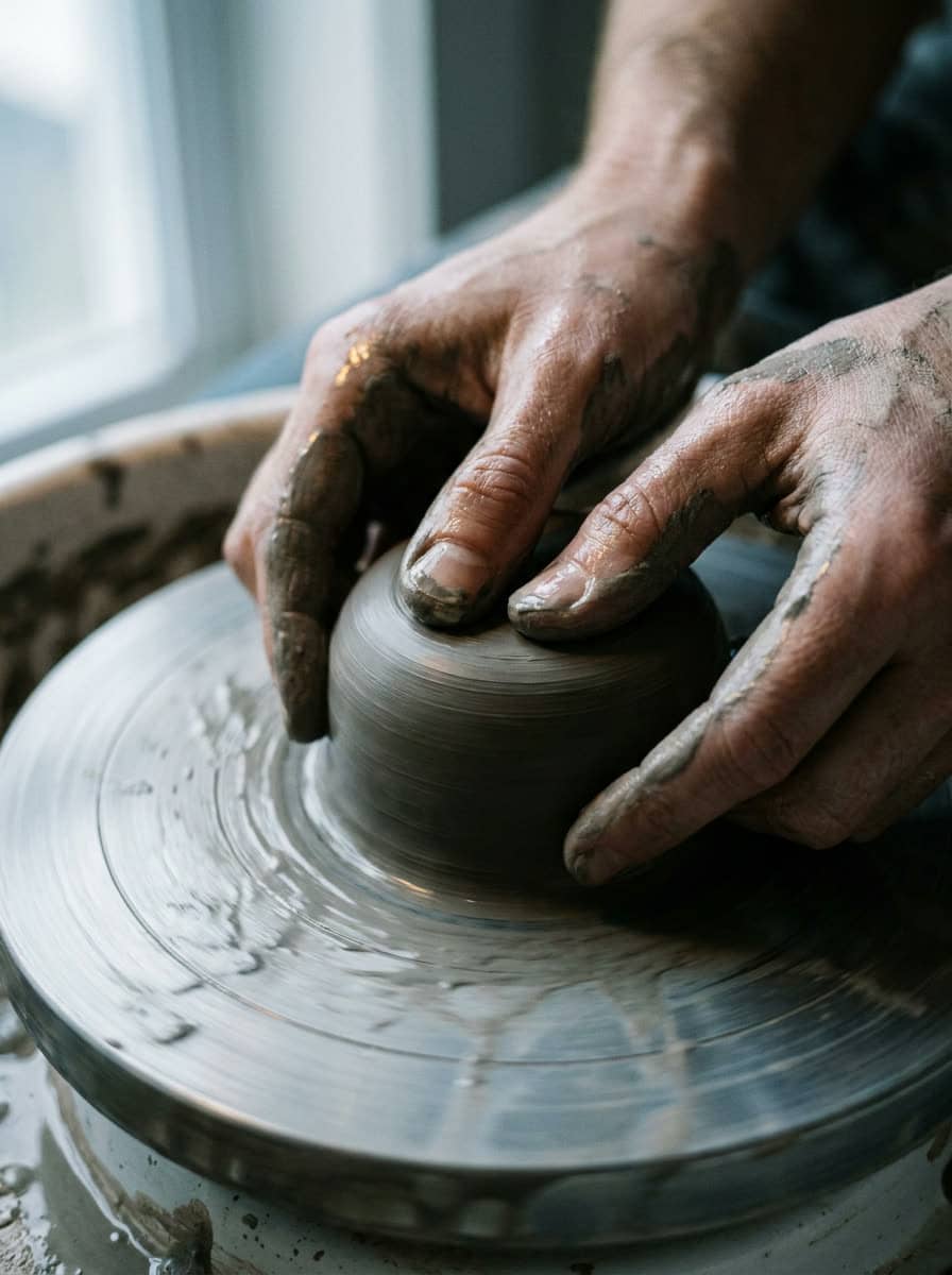 Wet hands opening the clay on the spinning wheel