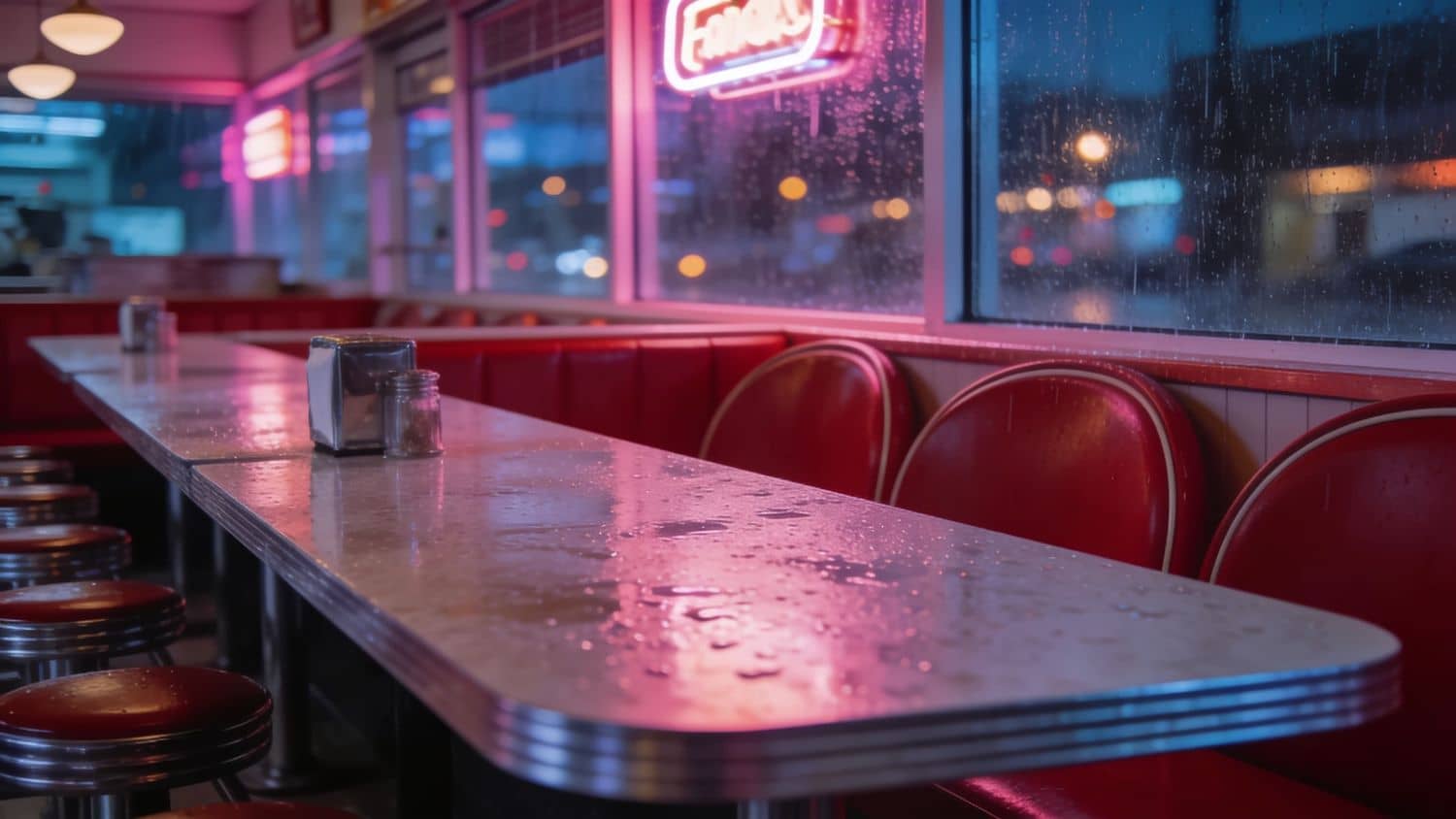 A diner at night, every chrome stool