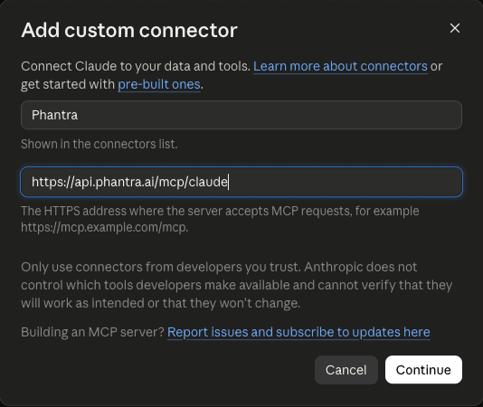 Claude's Add custom connector dialog with the name Phantra and the address api.phantra.ai/mcp/claude filled in